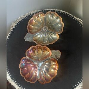 Depression Glass various colors shaped in a three sectioned leaf